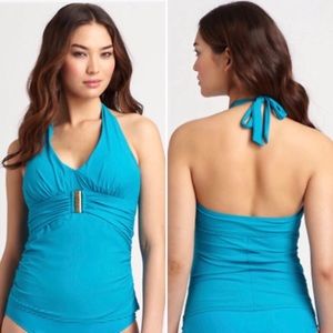 SPANX Let’s Go Slimming Halter Tankini Swim Top Blue Sz 8